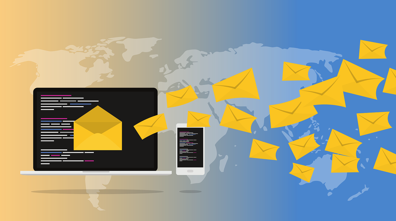 image of digitally drawn computer with screen sending out yellow envelopes to represent emails